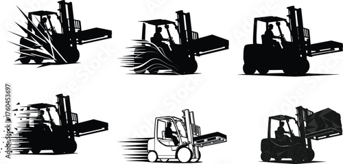Flat vector, forklift in motion, industrial vehicle silhouettes, logistics equipment, warehouse work, construction safety, material handling, transportation, engineering, illustration