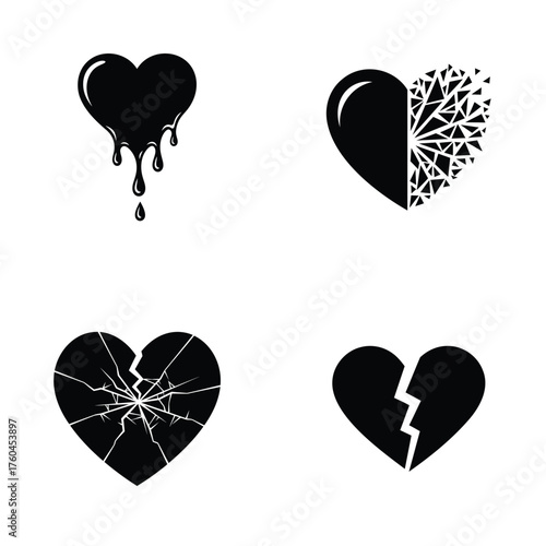 Set of four broken heart icons in solid black representing emotional pain and separation