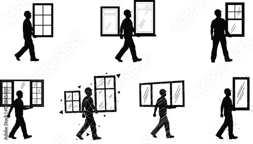 Flat vector, construction workers carrying windows, manual labor silhouettes, safety helmet, window transportation, building repair, architectural design, home renovation, craftsmanship, industry