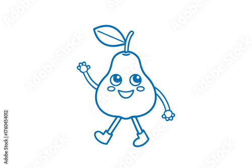 Blue outline pear mascot is walking and waving happily on a white background