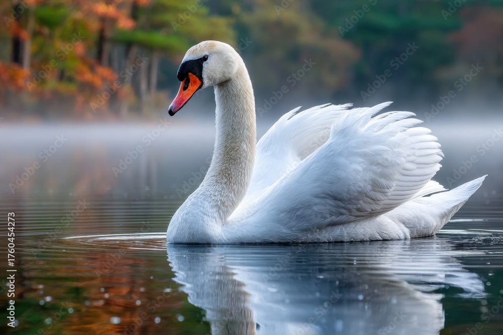 Obraz premium Elegant White Swan Gliding on Misty Autumn Lake
