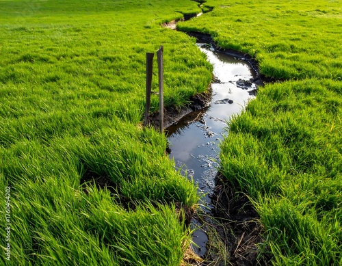 A vibrant, sunny pasture is crossed by a winding stream. Lush green grass dominates the scene, reflecting sunlight. Two posts mark a spot