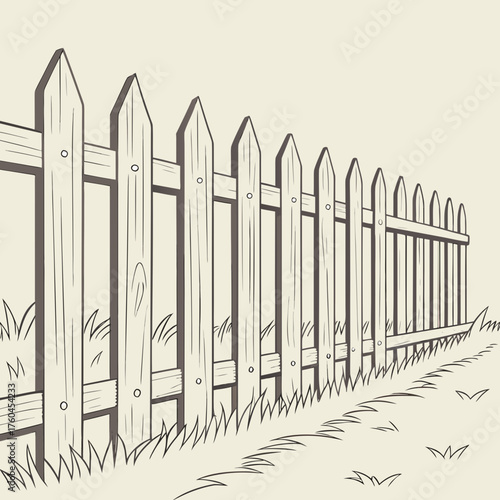 Wooden picket fence on grassy path in minimalist sketch style  
