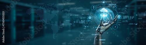 Tableau sur toile Hand of robot hold virtual network cloud computing concept, data storage automation connection, scalable system innovation technology digital transformation intelligent management