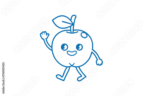 Animated blue apple character is walking and waving its hand happily on a white background