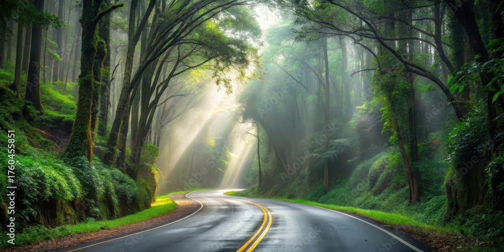 Obraz premium Mystical Forest Road Sunbeams Illuminate Winding Asphalt Path Through Lush Green Canopy