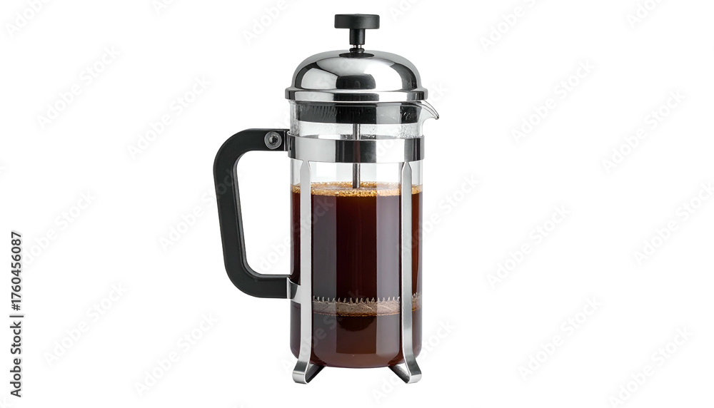 Obraz premium French press with coffee, clear glass body, and metal framing