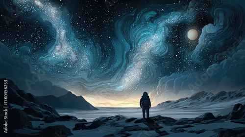 Astronaut standing on cold snowy winter planet concept. An astronaut gazing at a vibrant, star-filled galaxy.