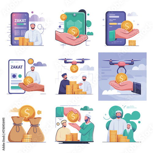 Zakat Islamic Finance Concept with Digital Payment and Distribution Illustration Collection