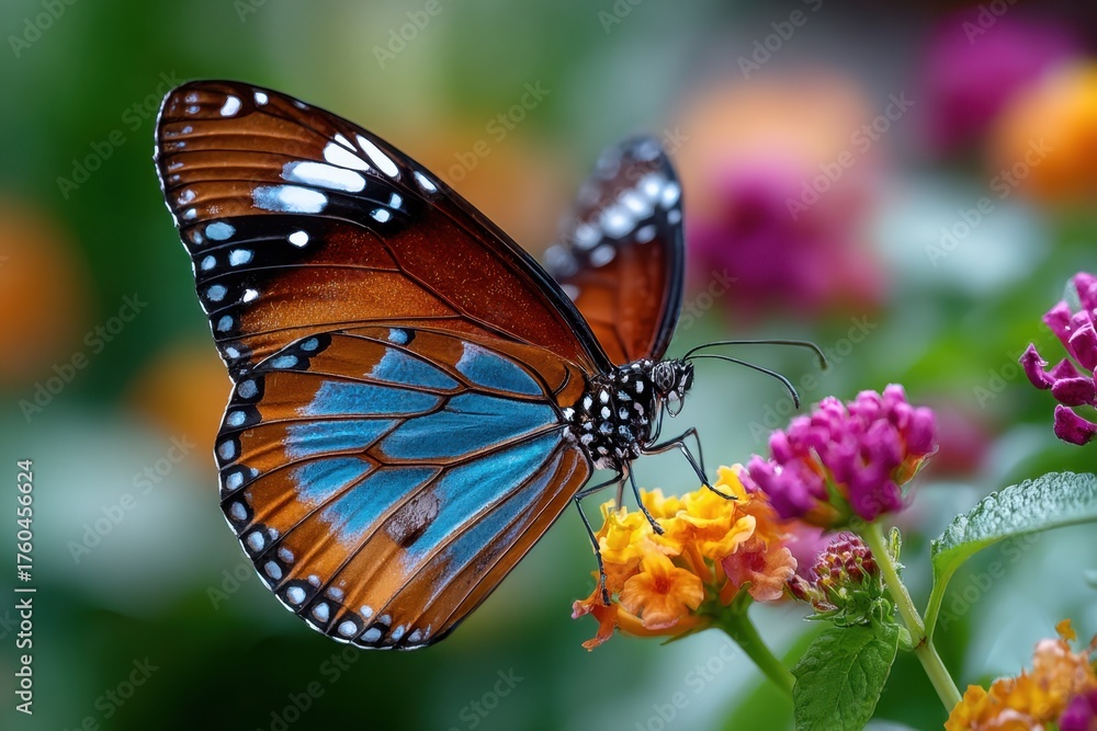 Fototapeta premium Butterfly with blue and orange wings on flower