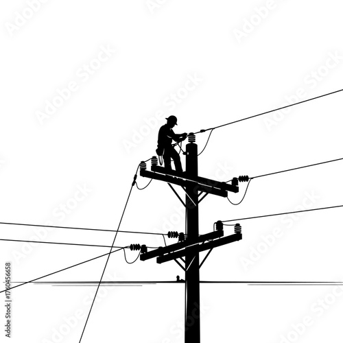 Silhouette of an electrician working atop a utility pole, repairing power lines against a bright white sky, showcasing electrical work.