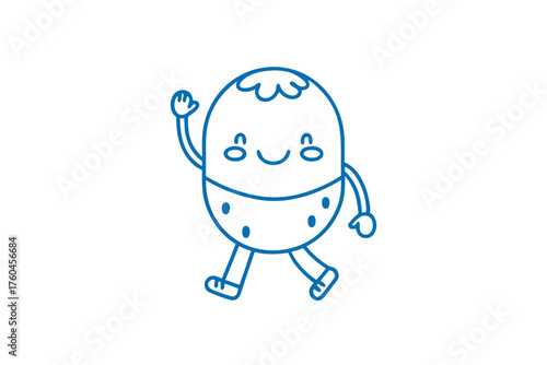 A cute bean character with wavy hair cheerfully walks and waves hello to someone