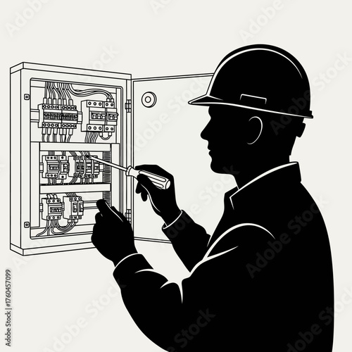 An electrician is working on an electrical panel, ensuring safety and proper functionality of the system with their expertise and tools.