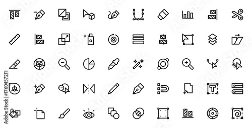 Vector editing tools icon set. Minimal linear icons ack for design software. Icludes anchor point, pen tol, layers, brush, selectin, transformation, alignmet and more. Editable vecto stroke.
