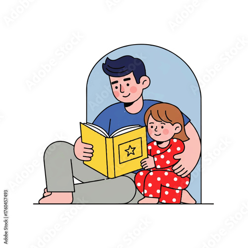 Heartwarming illustration of a loving father and his daughter enjoying storytime, fostering early literacy, imagination, and strong family bonds through shared reading