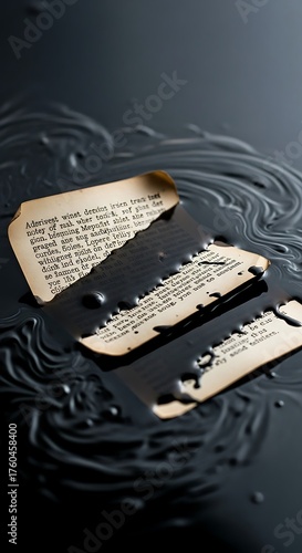 Torn Pages of a Book Floating in Dark Water with Ripples.
