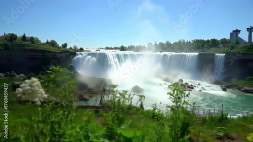 Witness the breathtaking cascade of a majestic waterfall under a clear, bright blue sky with lush green foliage in the foreground, evoking feelings of serenity and the splendor of natural beauty.