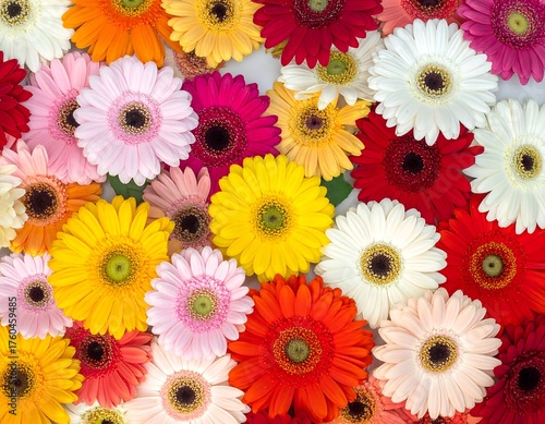 Overhead shot of a cluster of colorful, fresh Gerbera daisies
