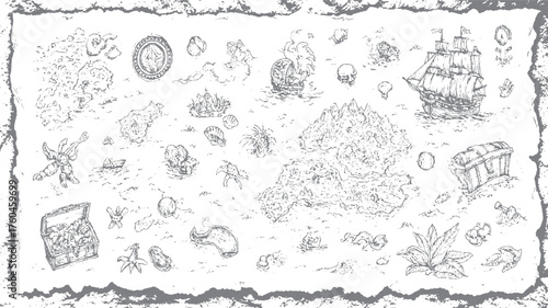 Pirate treasure map with ships islands skulls and chests vector