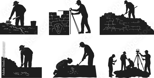 Silhouettes of archaeologists excavating ancient ruins, measuring and recording artifacts, historical excavation teamwork illustration on white background for education and research