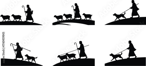 Silhouette of shepherd walking with sheep and dog on hill, traditional farming scene, countryside livestock herding illustration on white background