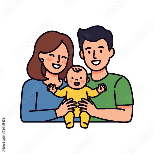 Vibrant vector illustration of a happy young family a loving mother and father holding their adorable baby, symbolizing joy, new beginnings, and strong familial bonds