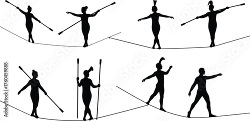 Silhouettes of tightrope walkers balancing on ropes, performing circus acrobatics with poles, graceful balance art illustration on white background