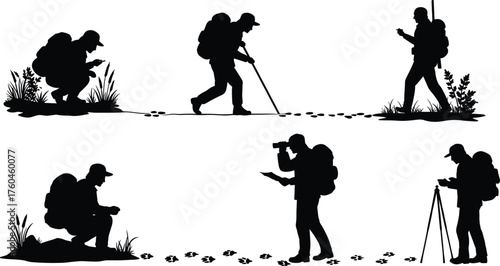Silhouette of wildlife tracker exploring forest, animal footprint researcher studying nature trails, outdoor survival expert analyzing animal tracks in wilderness