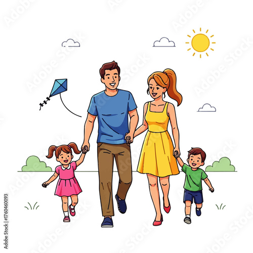 Family Stroll A Happy Family Walking Outdoors with Kite and Sunny Sky
