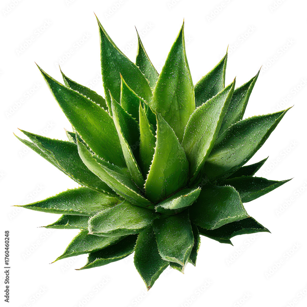 Fototapeta premium Vibrant green agave plant with water droplets on sharp pointed leaves succulent, Png On White Background, Isolated on Transparent Background, Cut Out