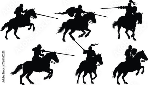 Silhouette of medieval knights jousting on horses with lances and shields, historical battle scene, warrior combat, medieval tournament illustration