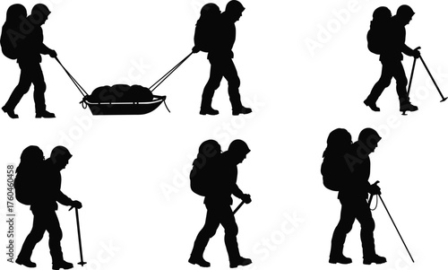 Silhouette of hikers walking with backpacks, trekking poles, and sled on winter expedition, mountain adventure, hiking travel concept illustration design