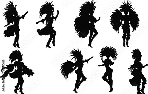 Silhouette of samba dancers performing at carnival festival, traditional Brazilian dance celebration, feather costumes, festive rhythm, cultural performance illustration