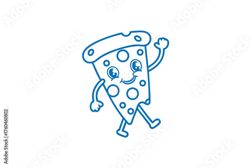 Cartoon blue pizza slice character cheerfully waves its hand while happily walking around the world