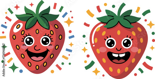 Adorably Cute Cartoon Strawberries Character Design with Cheerful Expressions and Confetti Decorations for Packaging and Branding