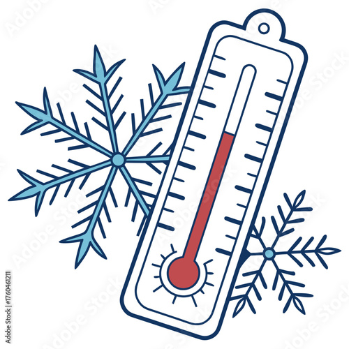Thermometer with red indicator and snowflakes in winter design  