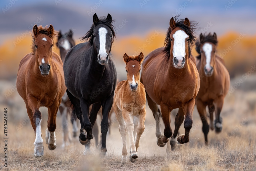 Fototapeta premium Horses running in a field with a foal