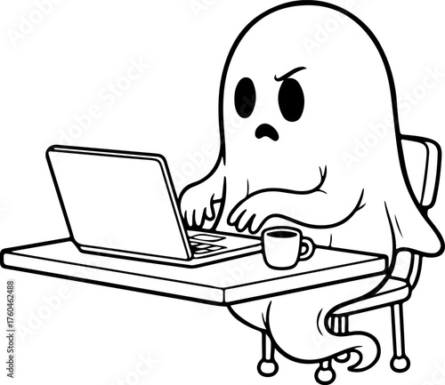 Cute cartoon ghost working hard on laptop with coffee break sitting at desk