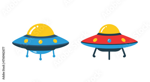 Two colorful cartoon ufo spaceships with landing gear are displayed