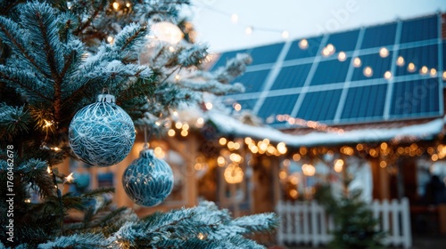 Festive Winter Scene with Snowy Tree and Solar Panels in Background