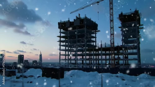Construction of a tall building during a snowy winter evening, featuring a crane, unfinished structure, cityscape silhouette, and falling snowflakes under a twilight sky, creating a scenic and cold...