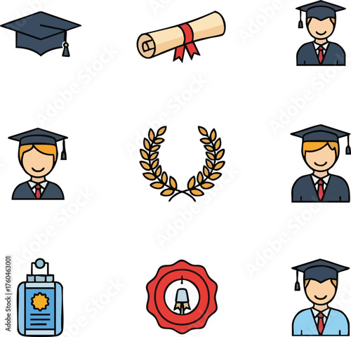 Set of graduation and education icons including caps diplomas and students.