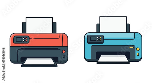 Two colorful inkjet printers with paper trays displayed side by side