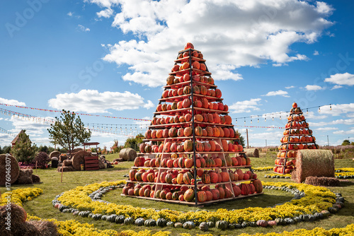Pumpkin pyramids at the fall fair. Outdoor holiday decorations for Halloween, Thanksgiving and autumn celebrations. Fall harvest festivals in a city park or street.	