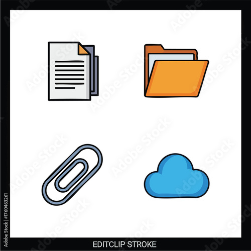 Collection of digital icons representing documents folders paperclips and cloud storage.