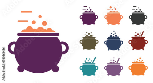 Colorful cauldron illustrations with bubbling potion effects in varying shades