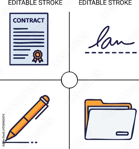 Contract Document Signature Pen and Folder Icons Representing Business Agreement.