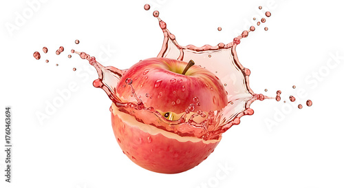 Fresh red apple with splash of juice isolated on transparent background