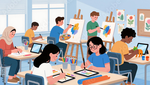Creative kids enjoying an art class in a bright classroom setting