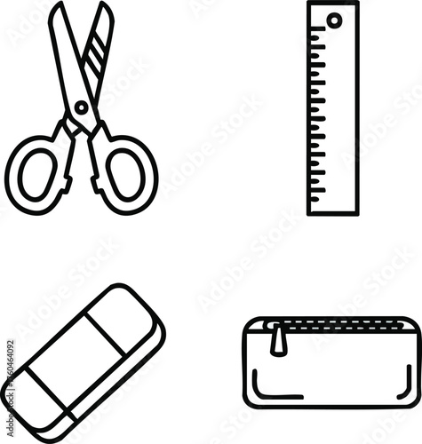 School Supplies Scissors Ruler Eraser and Pencil Case Line Art.